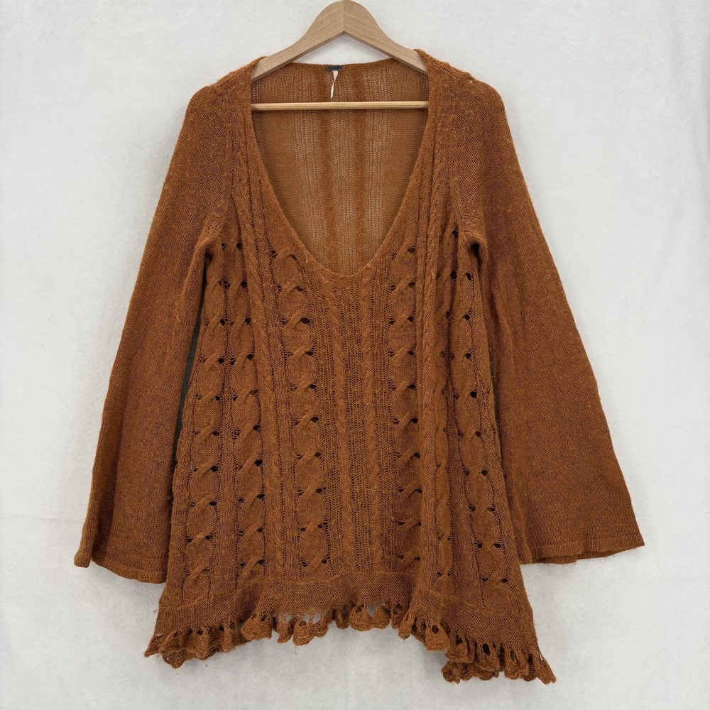 Free People Waterfall Boho Sweater Womens Small Orange Alpaca Blend V Neck Knit